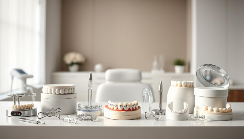 A vibrant orthodontic clinic, with an array of braces, retainers, and dental appliances neatly arranged on a modern, minimalist desk. The foreground showcases a selection of orthodontic treatments, including traditional metal braces, clear aligners, and invisible lingual braces, each meticulously crafted to illustrate the diverse options available. The middle ground features a neutral-toned backdrop, allowing the dental tools to take center stage, while the background subtly suggests a professional, clinical environment with clean lines and subtle lighting. The overall composition conveys a sense of expertise, innovation, and the comprehensive nature of orthodontic care.