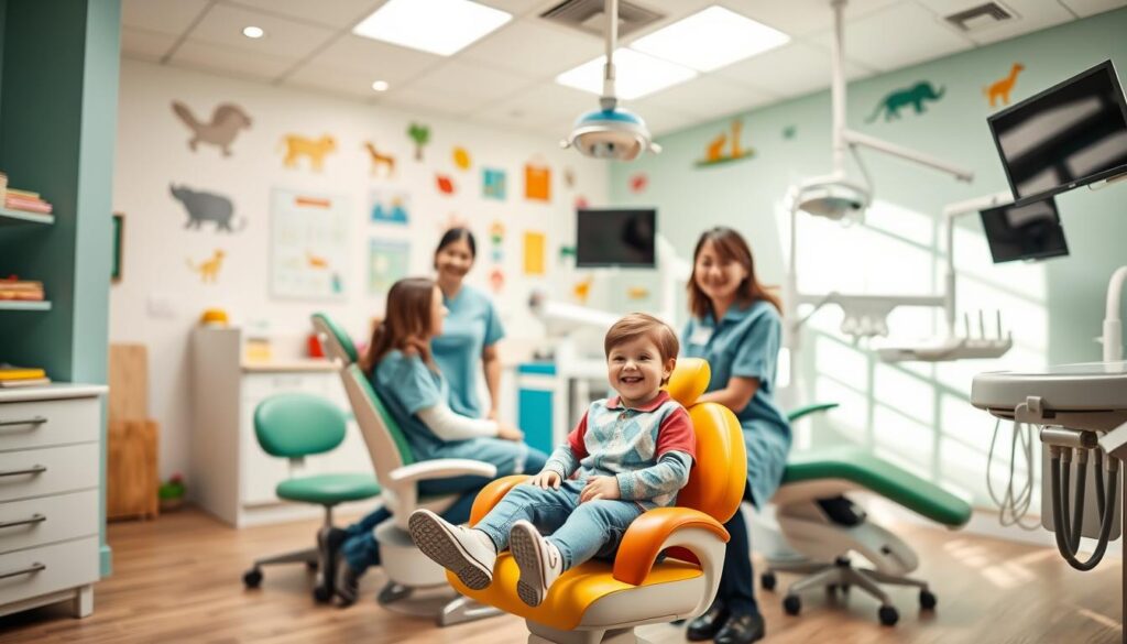 A warm, inviting dental clinic for children, with a vibrant, playful atmosphere. In the foreground, a young patient sits in a colorful, ergonomic chair, surrounded by friendly dental staff. The middle ground features whimsical wall decor, such as animal-themed artwork and educational charts, creating a sense of comfort and learning. The background showcases a modern, well-equipped treatment area with state-of-the-art dental equipment. Soft, natural lighting illuminates the scene, conveying a sense of care and professionalism. The overall mood is one of trust, safety, and pediatric-focused expertise.