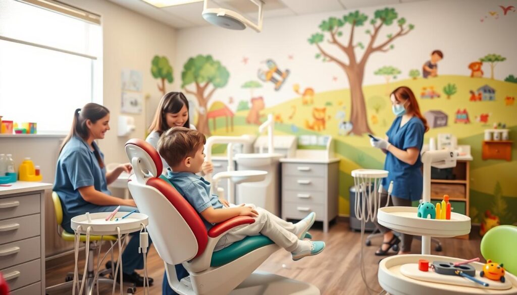 A warm, inviting pediatric dental office with a playful, child-friendly atmosphere. In the foreground, a young patient sits comfortably in a colorful, adjustable chair, surrounded by friendly dental staff attentively providing gentle, age-appropriate treatments. The middle ground features a variety of specialized pediatric dental tools and equipment, including small-scale instruments and toys to engage the child. The background showcases a vibrant, whimsical mural depicting characters and scenes that capture the imagination of young patients, creating a calming, comfortable environment. The lighting is soft and natural, enhancing the welcoming ambiance. The overall scene conveys a sense of trust, care, and tailored dental services designed to make children feel at ease during their visit.