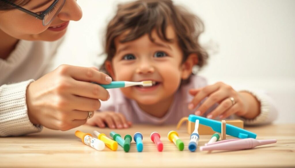 A warm, soft-lit scene depicting the delicate care of a child's first teeth. In the foreground, a parent's gentle hands tenderly brushing a toddler's small, pearly teeth, their faces radiating a sense of wonder and intimacy. The middle ground showcases a variety of colorful, age-appropriate dental hygiene tools - miniature toothbrushes, toothpaste, and floss - all arranged neatly on a wooden surface. In the background, a soothing pastel color palette creates a calming, nurturing atmosphere, perfectly capturing the essence of "Cuidados com os Primeiros Dentinhos".