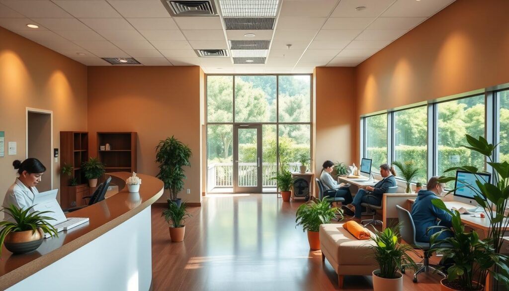 A warm, well-lit dental clinic interior with a receptionist's desk in the foreground, surrounded by comfortable seating areas and potted plants. In the middle ground, a hallway leads to examination rooms where patients can be seen scheduling appointments on computer screens. The background features a large window overlooking a lush, green outdoor landscape, creating a calming, professional atmosphere. The lighting is soft and natural, emphasizing the clinic's modern, yet welcoming design. The overall scene conveys the ease and convenience of booking dental appointments within a family-friendly, state-of-the-art healthcare facility.