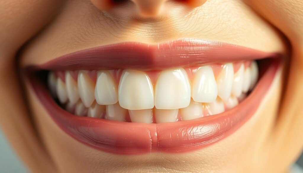A well-lit, close-up view of a set of upper and lower human teeth, showcasing the smooth, glossy surface of resin veneers. The veneers are positioned to highlight their natural-looking translucency and seamless integration with the surrounding dental structures. The lighting casts soft, even shadows, emphasizing the dimensional depth and contours of the teeth. The image has a warm, clinical tone, conveying the professionalism and attention to detail required for successful resin veneer treatment. The focus is sharp, with a shallow depth of field to draw the viewer's eye to the key details of the resin veneers.
