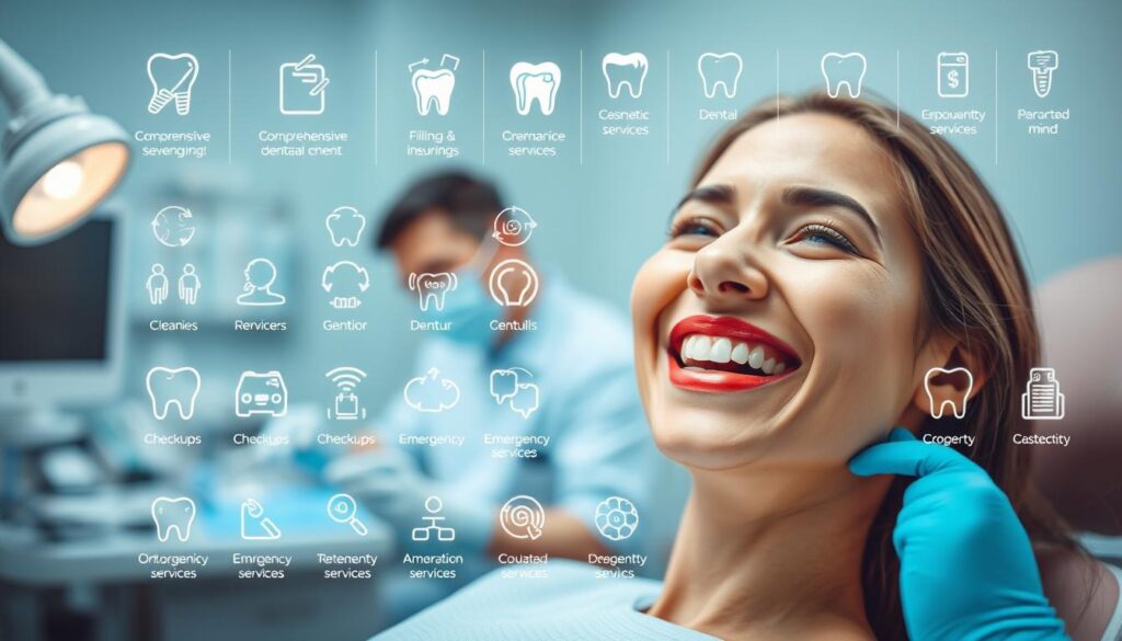 A well-lit, high-resolution image showcasing the comprehensive benefits of a dental insurance plan. In the foreground, a happy patient smiling, their teeth gleaming, receiving professional dental care from a skilled dentist. In the middle ground, various dental services are depicted, such as cleanings, fillings, and cosmetic procedures. The background features an array of icons and graphics representing the plan's coverage, including checkups, orthodontics, emergency services, and more. The scene conveys a sense of security, health, and the peace of mind that comes with having a comprehensive dental plan.