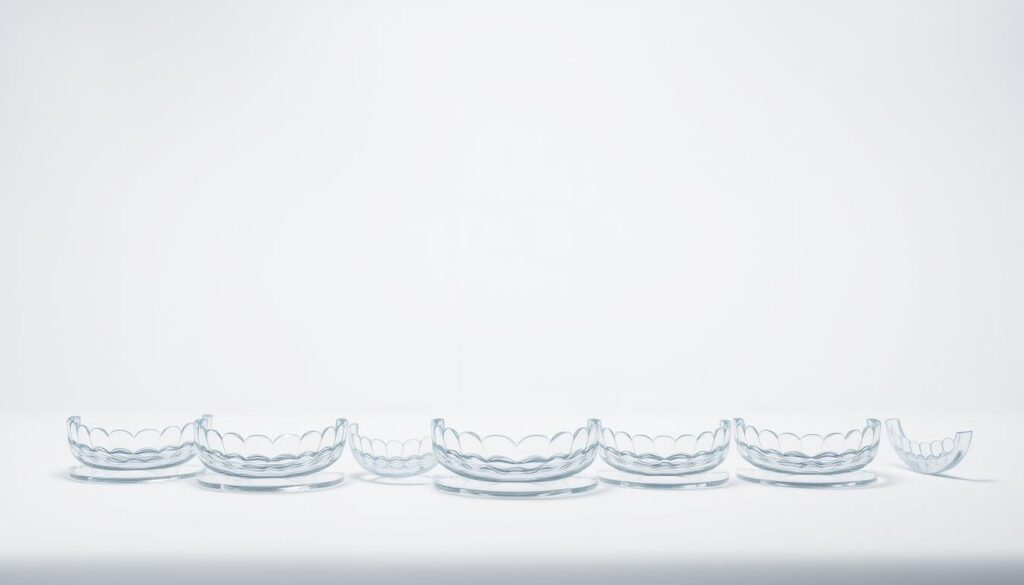 A well-lit studio scene showcasing a variety of transparent Invisalign dental aligners. The aligners are arranged in the foreground, with each type displayed individually on a clean, minimalist surface. The middle ground features a neutral background that allows the aligners to be the focal point. Soft, diffused lighting illuminates the translucent nature of the aligners, highlighting their invisible and discreet design. The overall composition conveys a sense of dental professionalism, with a focus on the different Invisalign options available to patients.