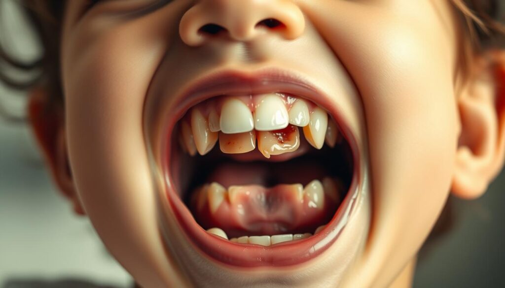 A young child's open mouth, teeth visible, showcasing common dental issues such as cavities, plaque buildup, and discoloration. The scene is captured in soft, natural lighting, emphasizing the delicate nature of childhood dental health. The background blurs gently, keeping the focus on the child's vulnerable smile. The image conveys a sense of concern and the need for specialized pediatric dental care to address these prevalent problems and prevent further complications.
