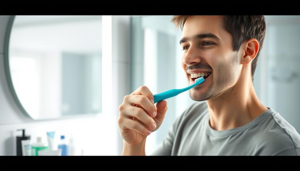 Highly detailed, photorealistic image of a person brushing their teeth, standing in a modern, well-lit bathroom. The person is focused and conscientious, using proper dental hygiene techniques. In the background, various dental health products such as toothpaste, floss, and mouthwash are neatly arranged, conveying the importance of a comprehensive oral care routine. The overall scene radiates a sense of cleanliness, health, and preventative dental care.