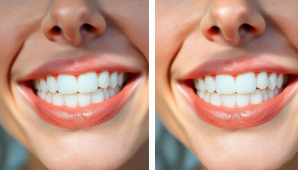 Smooth, gradual dental transformations. Detailed close-up of a human face, before and after the application of transparent dental contact lenses. Bright, natural lighting illuminates the subject's teeth, highlighting the subtle changes in shape, color, and overall appearance. Soft, diffused shadows add depth and dimension. Crisp, high-resolution textures showcase the lifelike realism of the dental enhancements. Serene, contemplative atmosphere invites the viewer to examine the impressive visual differences. Elegant, minimalist composition emphasizes the focal point of the dental transformations.